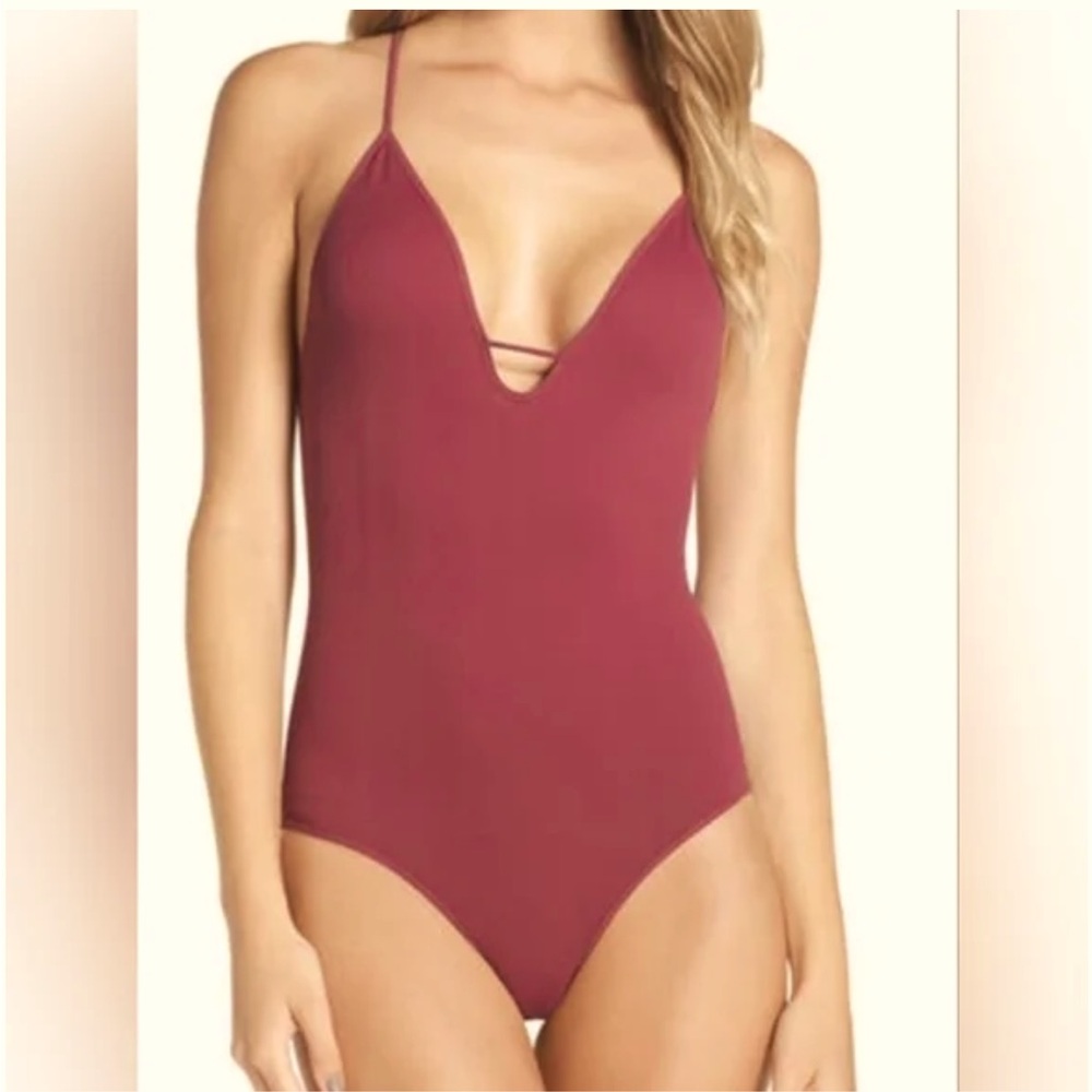 Free People Move Along Ribbed Racerback Burgundy Bodysuit